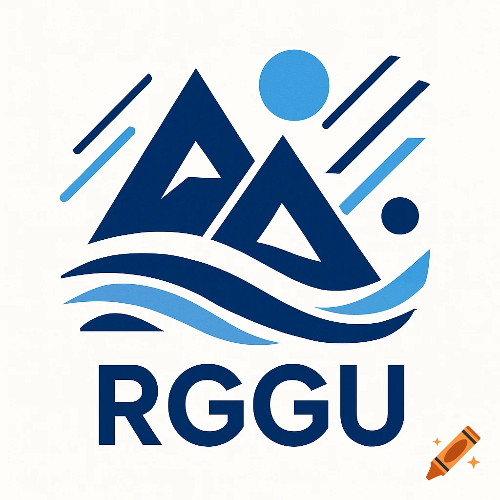 Geometric logo with dark and light blue mountains, waves, sun, and diagonal lines, with 'RGGGU' text.