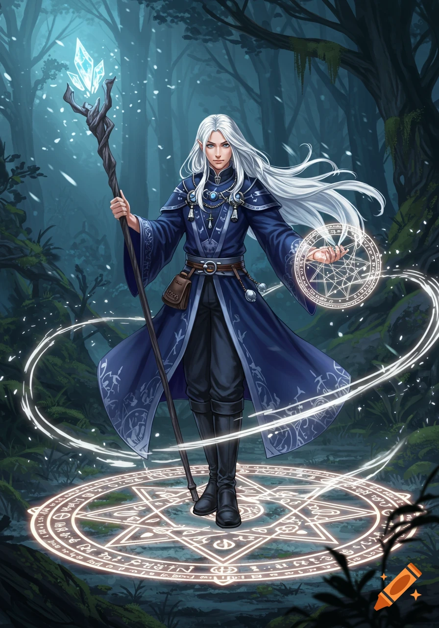 An anime mage with long white hair in a blue robe holds a staff and conjures magic in a dark forest.