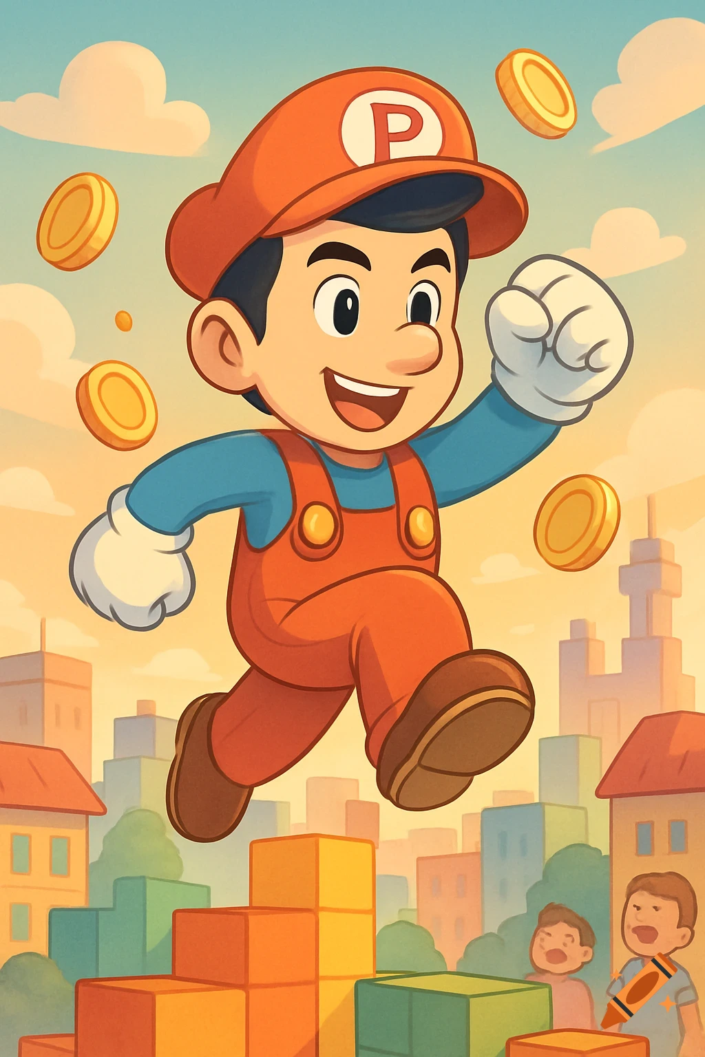 A cheerful cartoon boy, resembling Mario, jumps over colorful blocks in a city, collecting gold coins, with a red cap featuring a 'P' and a blue shirt over orange overalls.