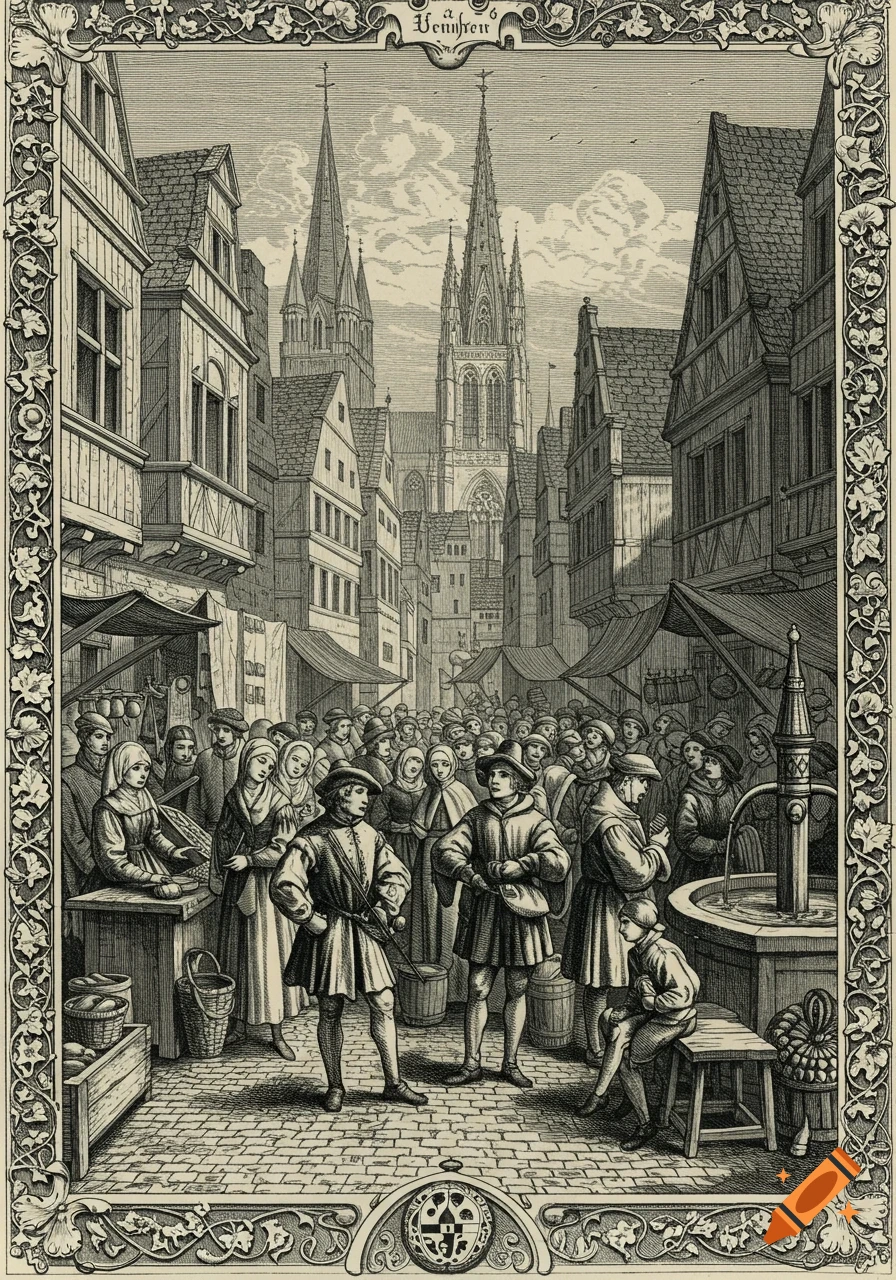 Detailed woodcut engraving of a bustling medieval market street with a crowd of people, half-timbered buildings, and two large cathedrals in the background.