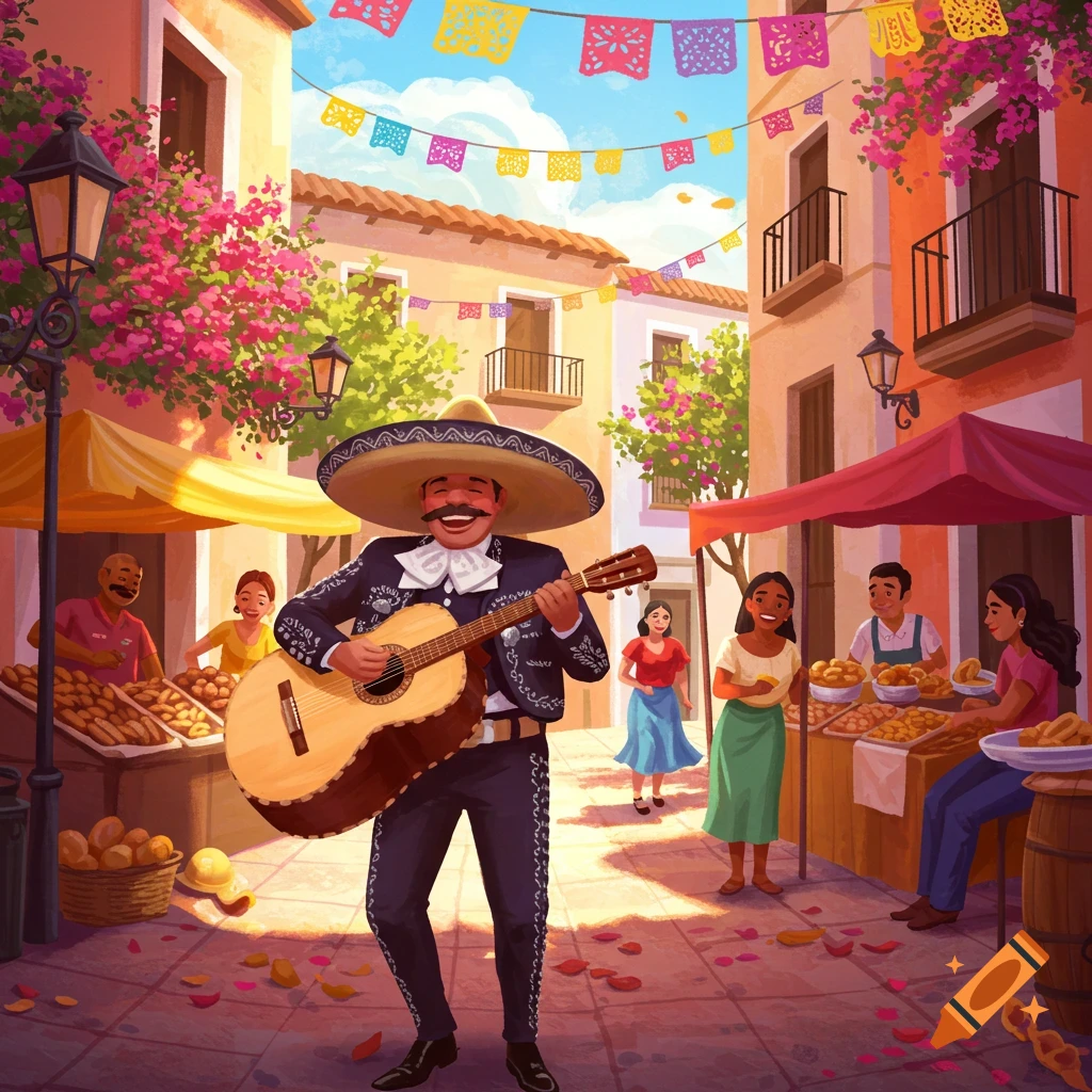 A mariachi plays guitar in a vibrant, colorful street market with food stalls, shoppers, and festive decorations.