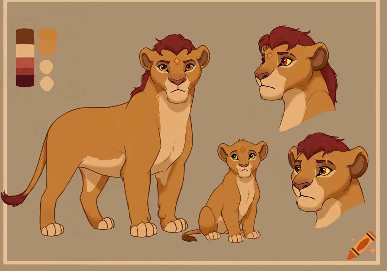 A character reference sheet in The Lion King style, showing an adult maned lioness in full body, a cub, and two adult headshots.