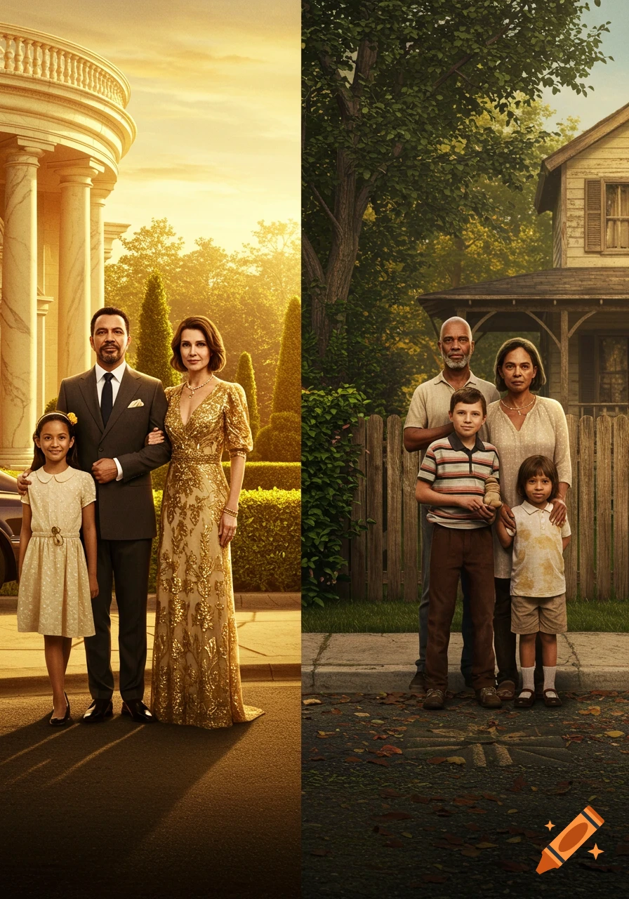 Two families, one wealthy by a mansion and one less affluent by a humble home, stand side-by-side in a photorealistic style.