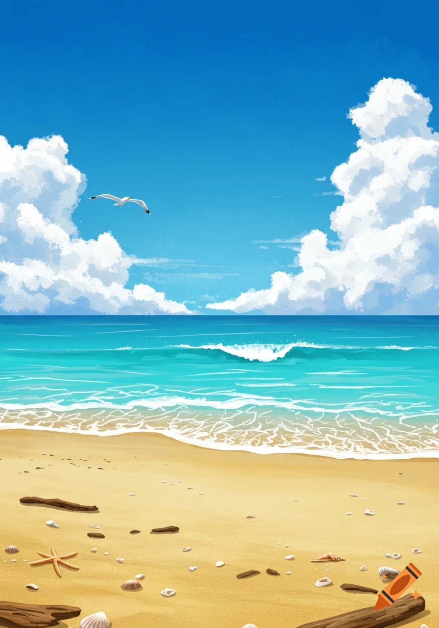 An illustrated sunny beach scene with a seagull flying over the turquoise ocean and sandy shore.