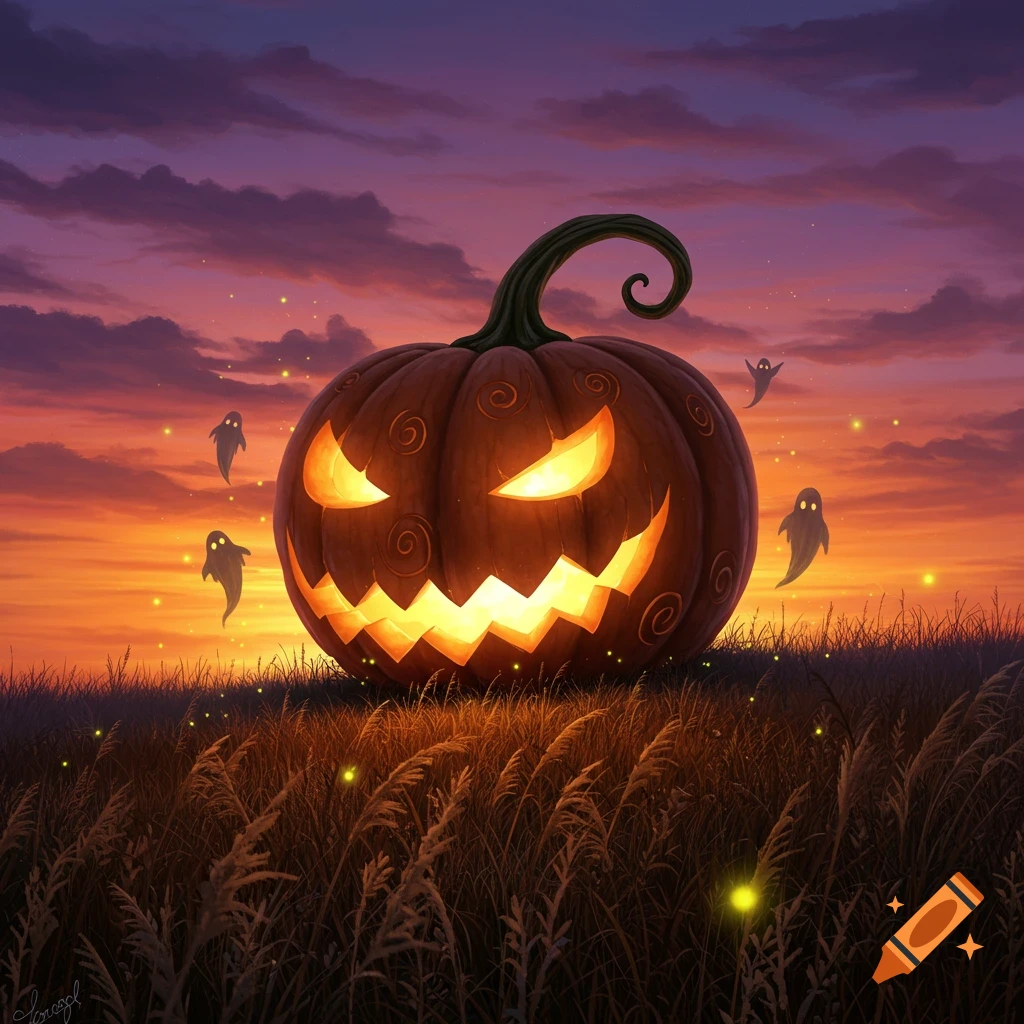 A large, glowing jack-o'-lantern on a grassy hill with small ghost figures against a vibrant purple and orange sunset sky.