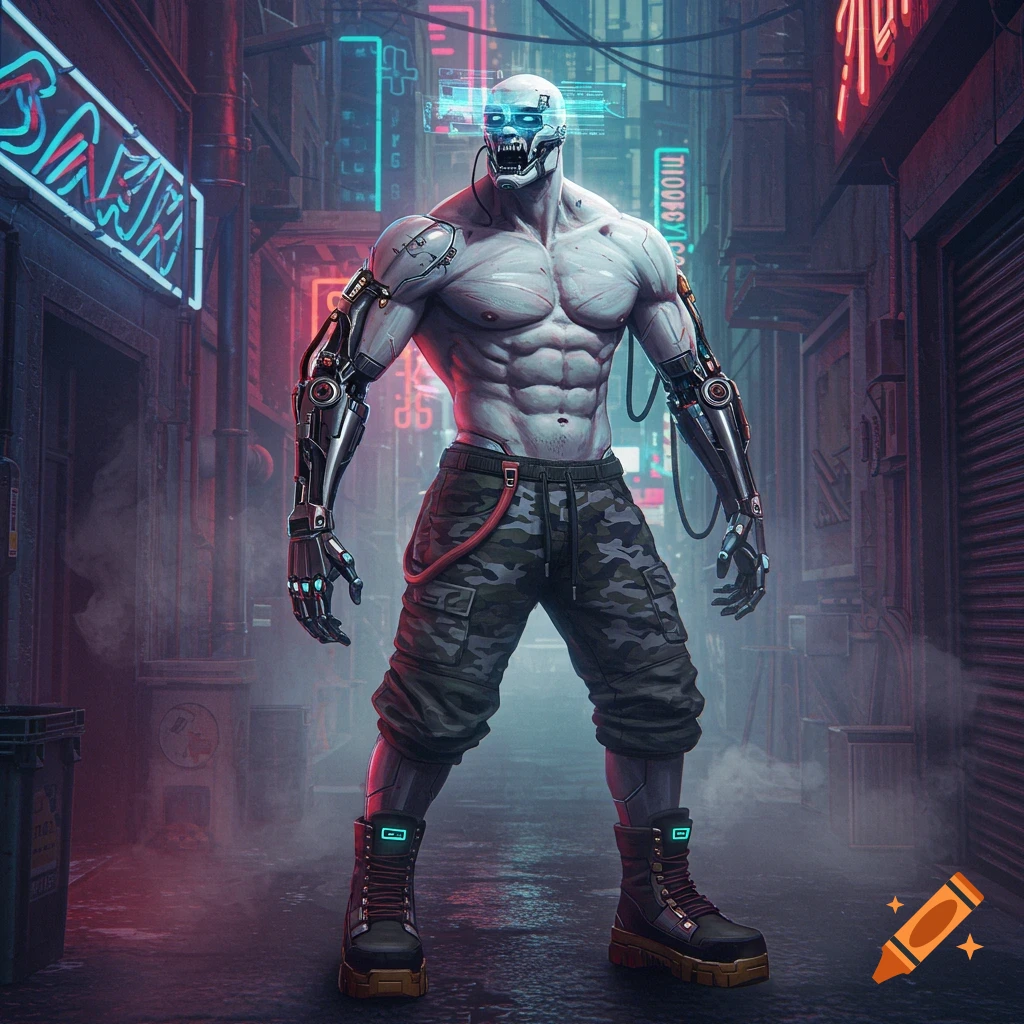 A muscular, pale white monster with cybernetic arms, wearing camo pants and boots, stands in a neon-lit cyberpunk alley.