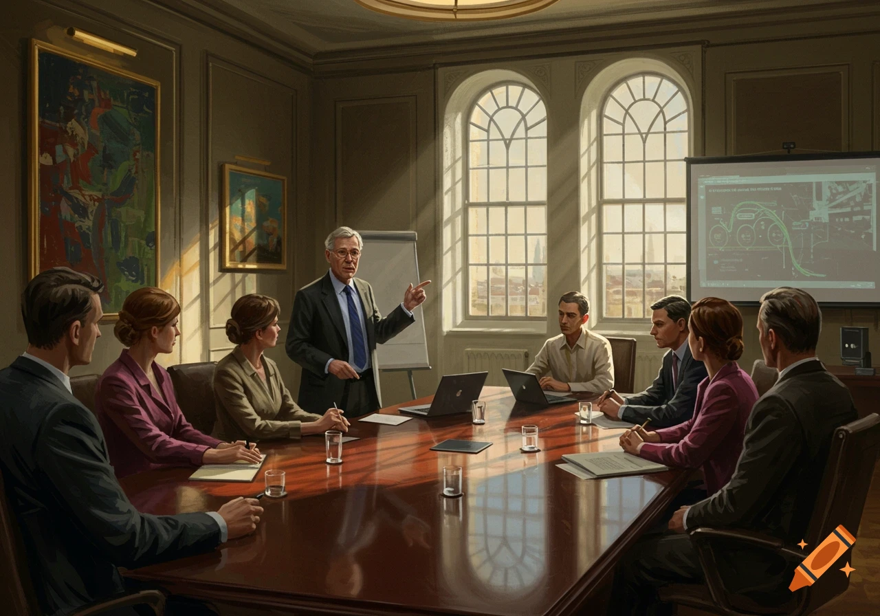 An older man in a suit speaks and points during a formal business meeting around a polished table, surrounded by other professionals with laptops, as sunlight streams through arched windows.