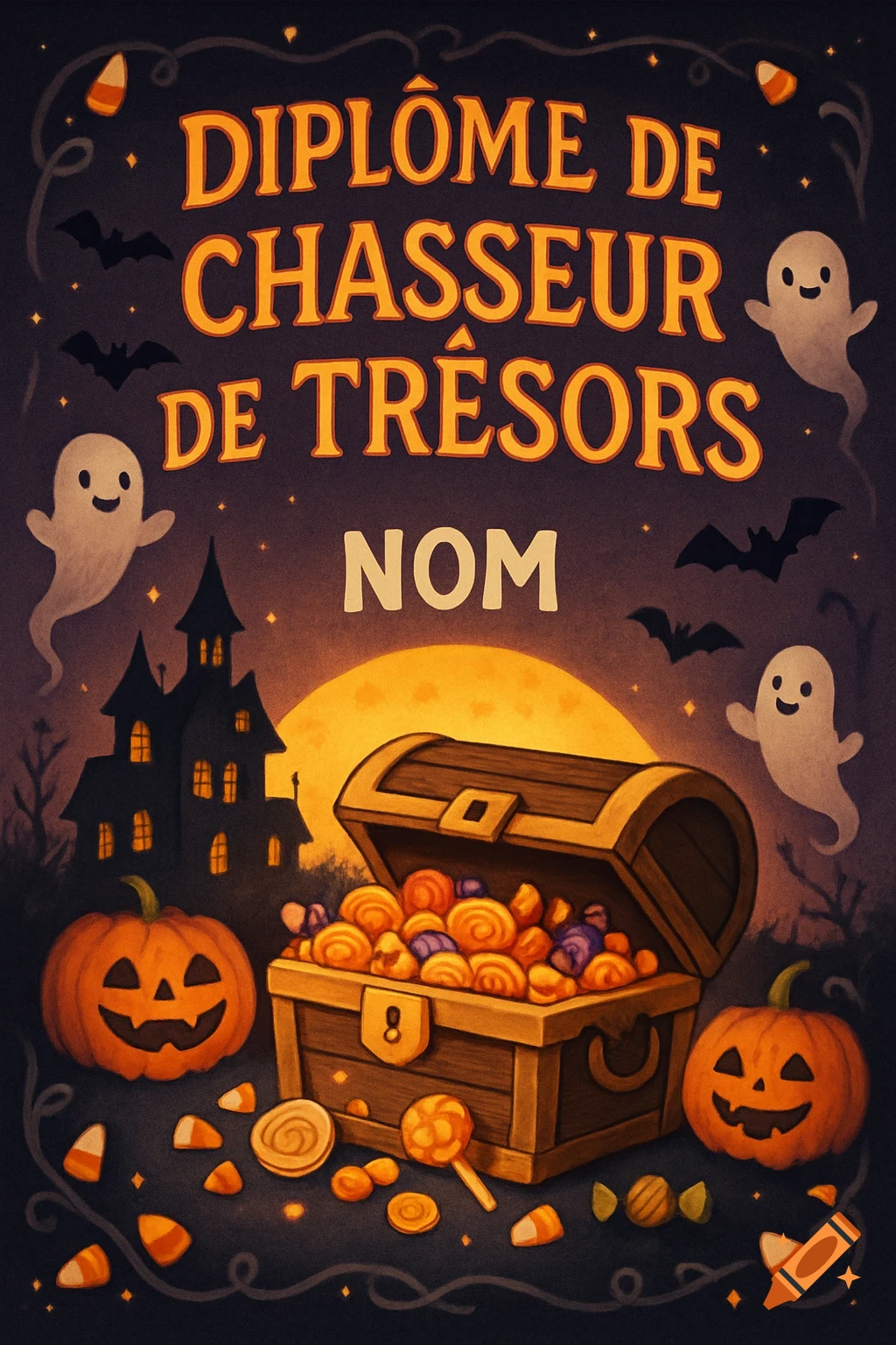 A Halloween-themed diploma with orange text 'DIPLÔME DE CHASSEUR DE TRÉSORS', cute ghosts, pumpkins, a haunted house, and a treasure chest filled with candy.