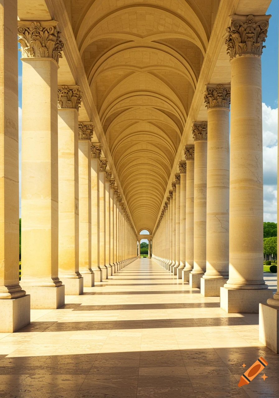 A long, sunlit classical colonnade with vaulted ceilings, leading to an archway overlooking green trees and blue sky.