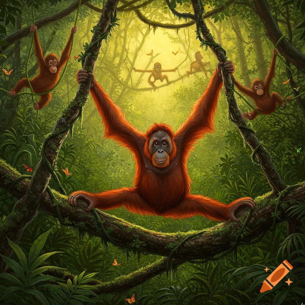 A large orangutan does the splits between jungle branches, surrounded by other orangutans and lush greenery with sunlight streaming through.