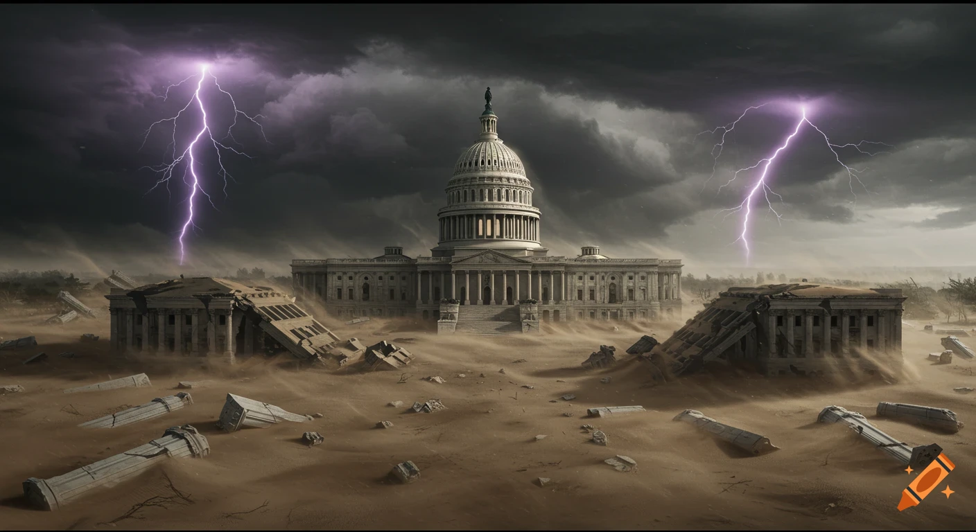 The ruined US Capitol building stands amidst sand and debris with broken columns under a dark, stormy sky with purple lightning.