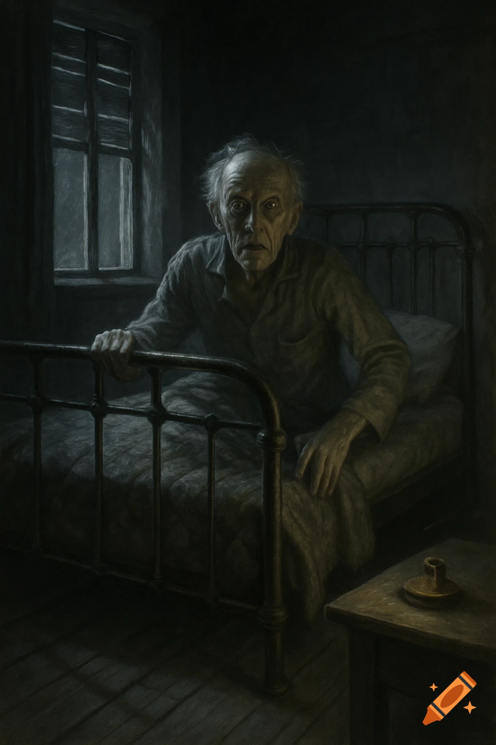 A dark, painterly illustration of an old, gaunt man sitting up in a gloomy bed, looking startled with wide eyes.