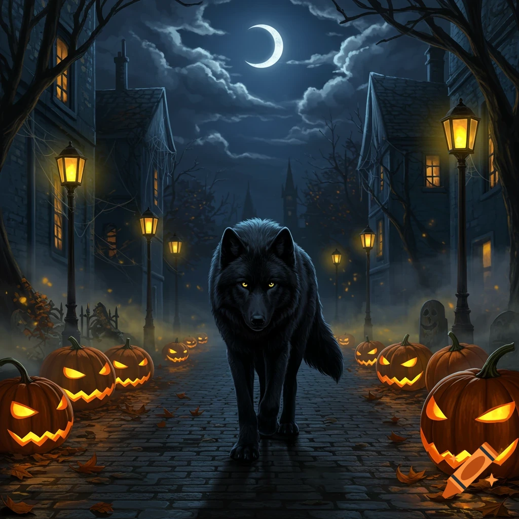 A black wolf with yellow eyes walks on a cobblestone street lined with glowing jack-o'-lanterns and spooky houses on a Halloween night.