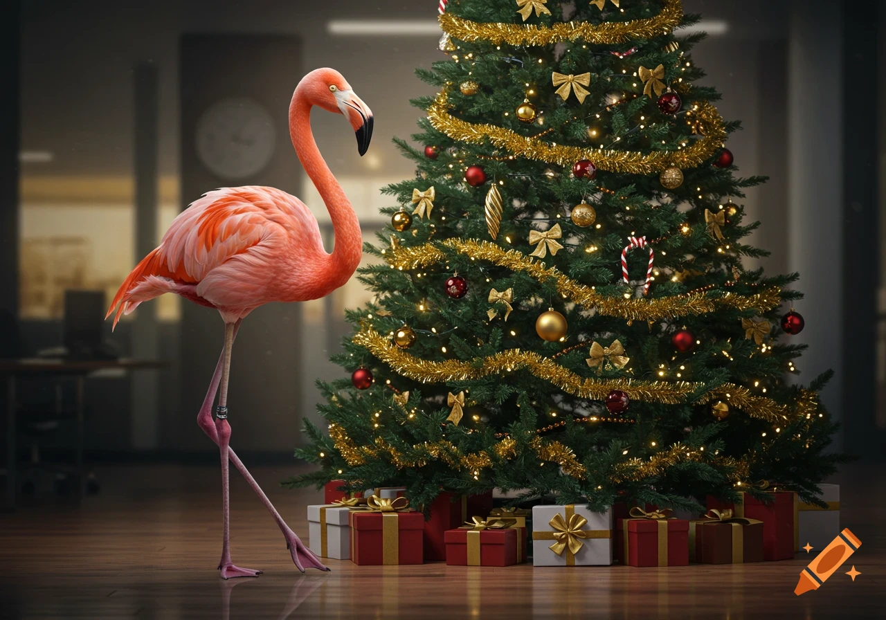 A photorealistic flamingo stands next to a brightly lit and decorated Christmas tree with presents underneath, in an office setting.