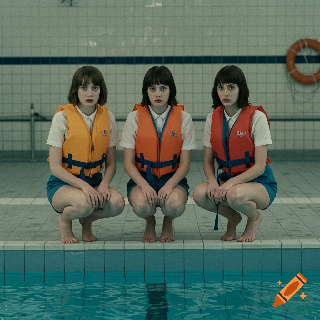 Three pale women with bangs, wearing lifejackets and shorts, squat nervously by a swimming pool, in a Wes Anderson style.