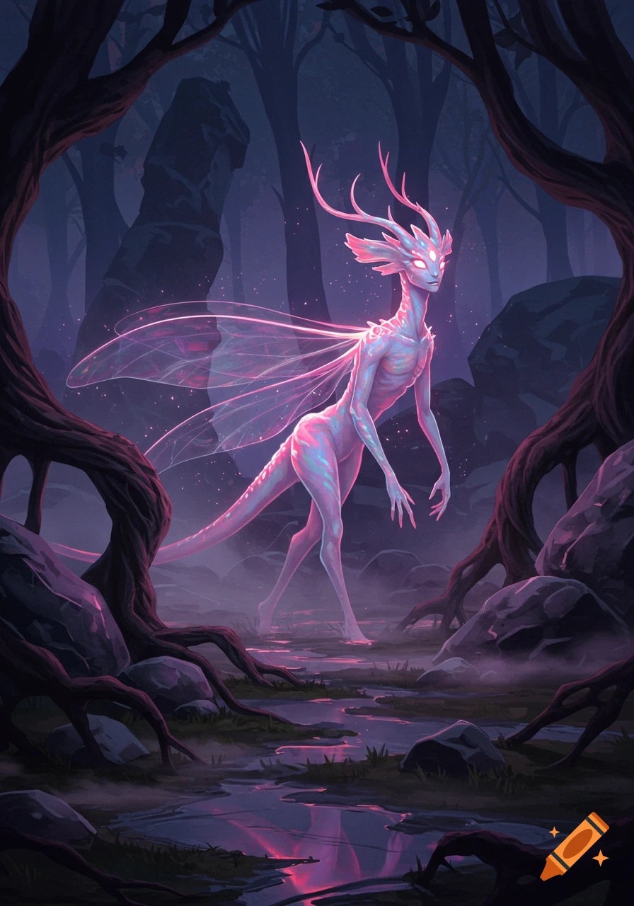 A luminous, slender, light-pinkish fantasy creature with antlers and insect-like wings walks through a dark, swampy forest.