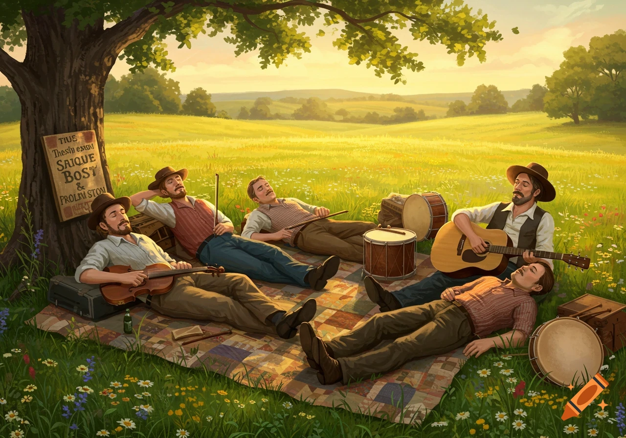 Five folk musicians relax on a patterned blanket under a large tree in a sunny, grassy field, with instruments like a guitar, violins, and drums beside them.