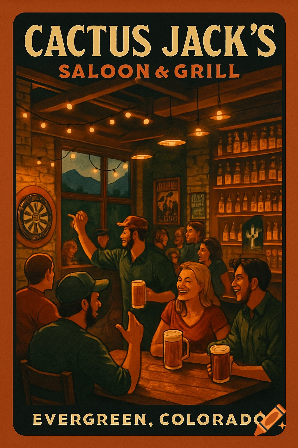 Vintage poster of a lively bar, Cactus Jack's Saloon & Grill, with people playing darts and drinking beer. Evergreen, Colorado.