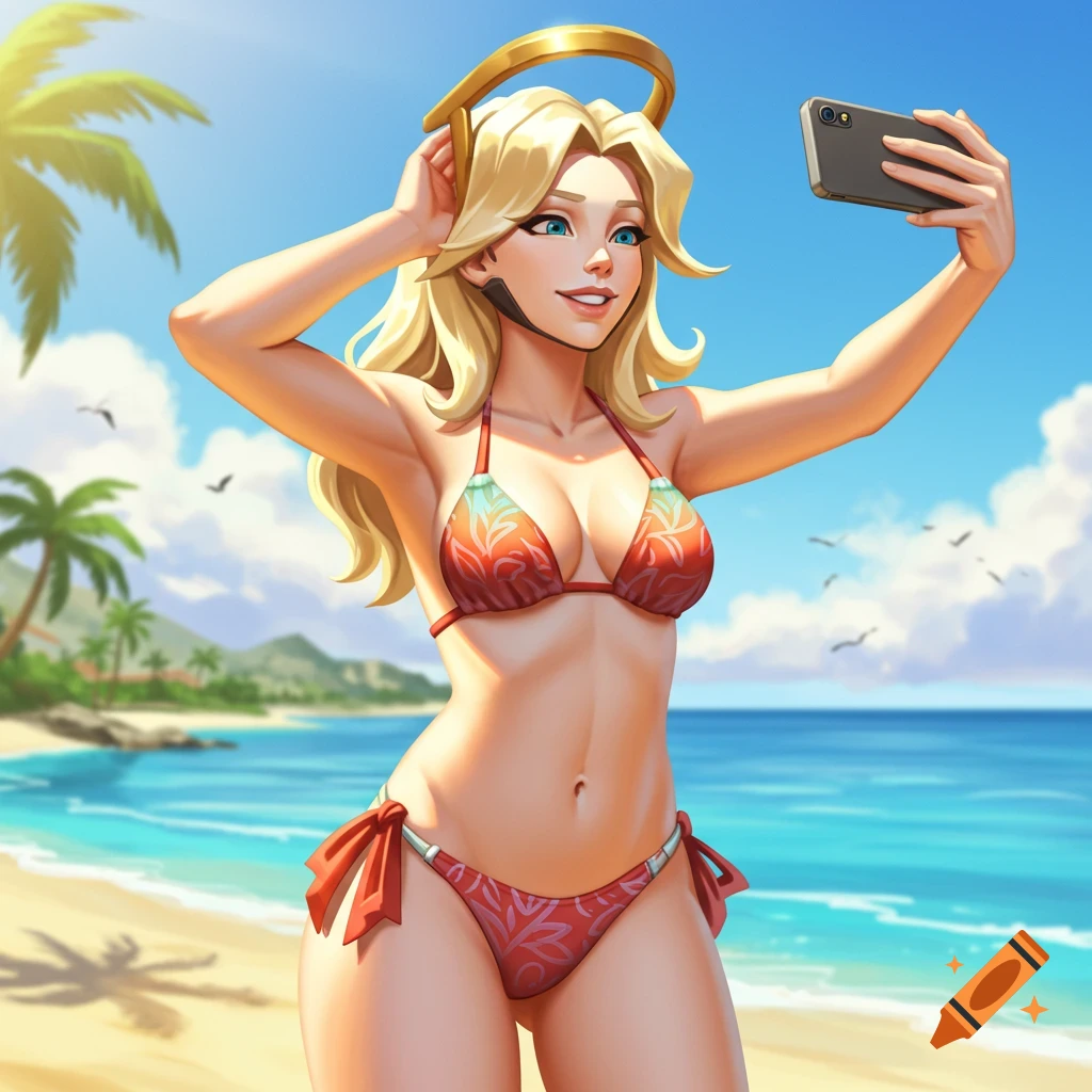 Mercy from Overwatch takes a selfie in a red bikini on a sunny beach, rendered in a bright anime style.