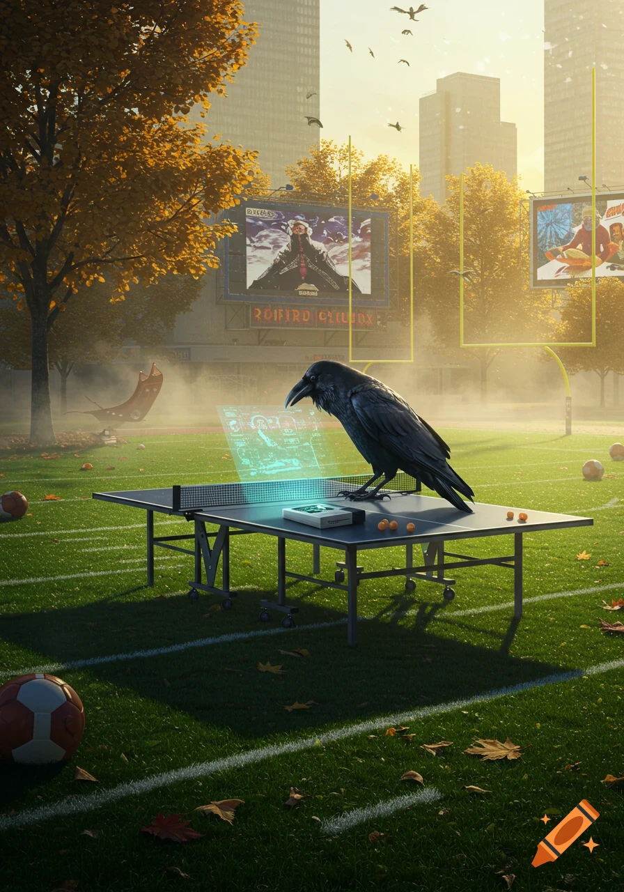 A photorealistic image of a raven on a ping pong table on a football field in an urban park, looking at a holographic display.