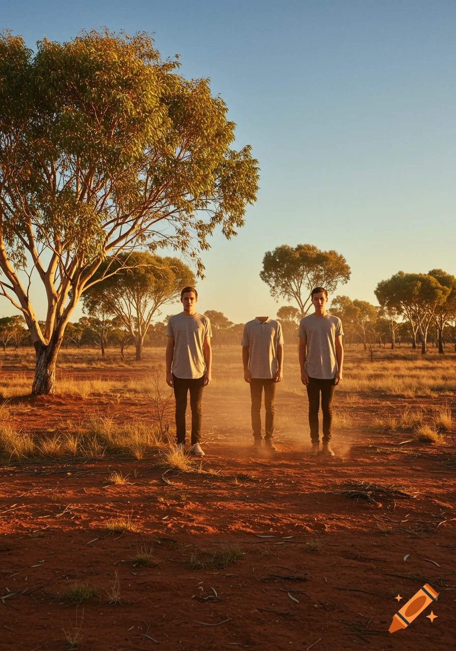 Three men stand in a sunny Australian outback, one in the middle is headless.