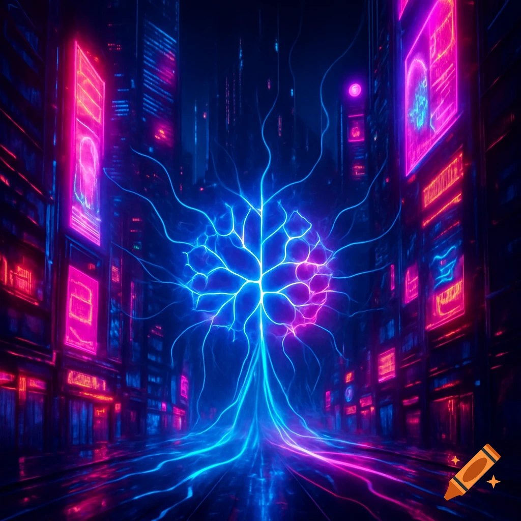 A futuristic neon cityscape with a glowing blue and pink neural network structure at its center.