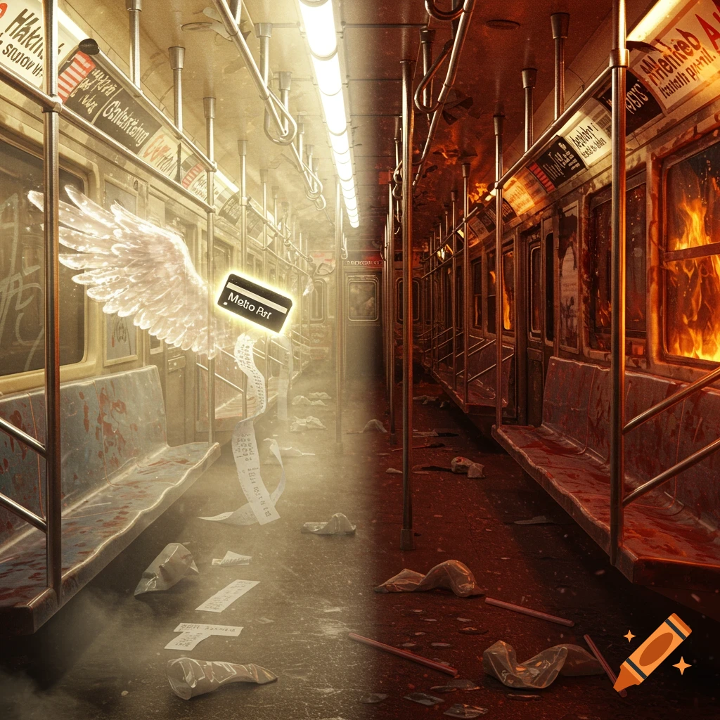 A subway car split down the middle: one side is bright and heavenly with glowing angel wings and a "Metro Art" card, while the other is dark, hellish, and burning with fire and destruction.