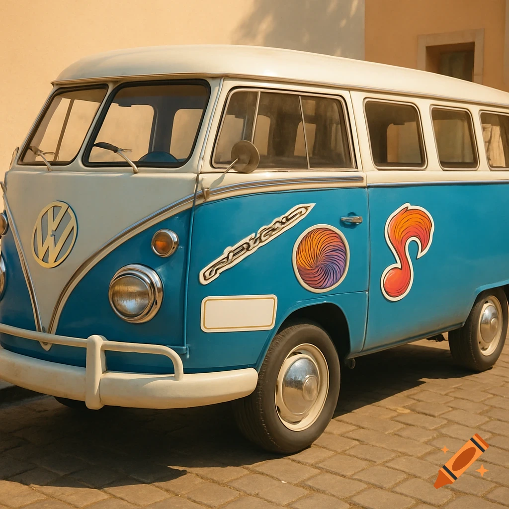 A two-tone blue and white Volkswagen Type 2 bus, adorned with psychedelic stickers including a musical note, parked on cobblestones in a photorealistic style.
