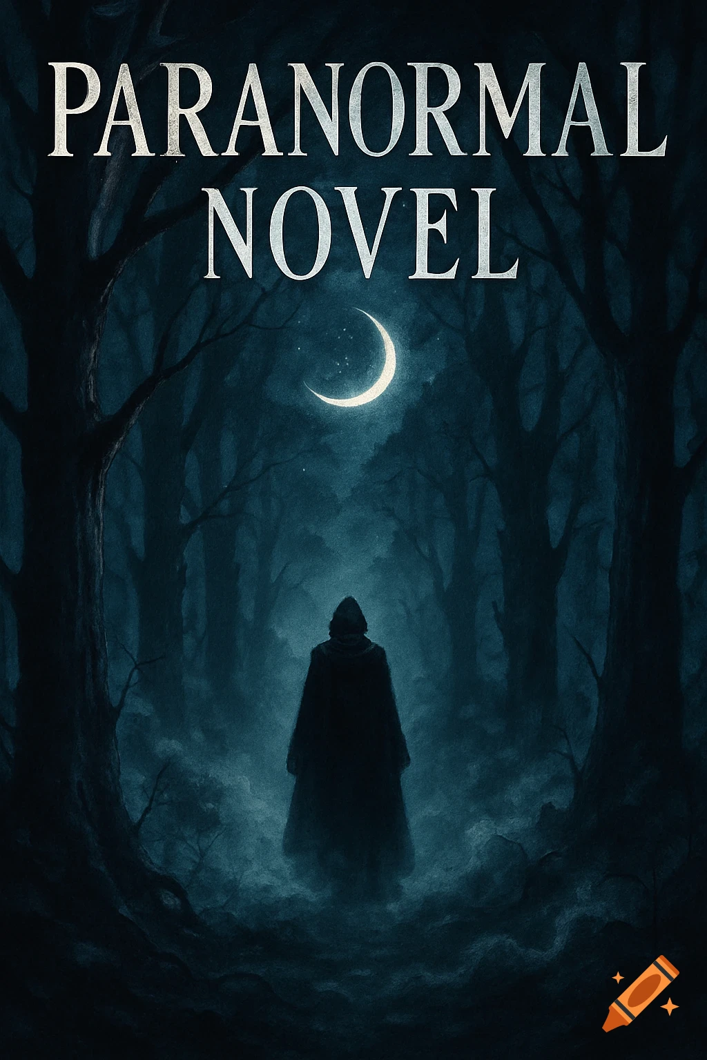 A dark, misty forest scene with a cloaked figure under a crescent moon and the title "PARANORMAL NOVEL".