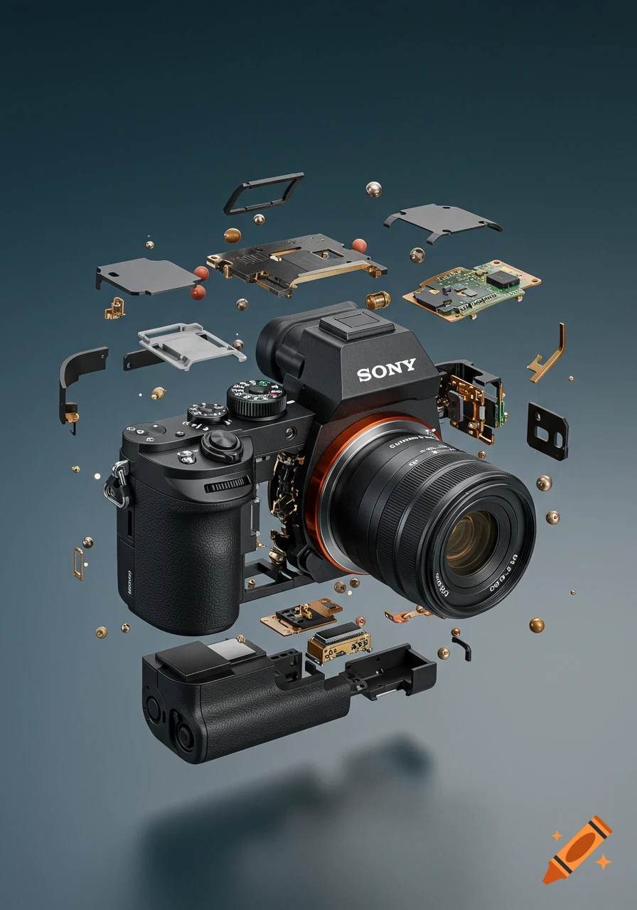 A detailed, photorealistic exploded view of a black Sony mirrorless camera, with its internal components floating apart on a dark background.