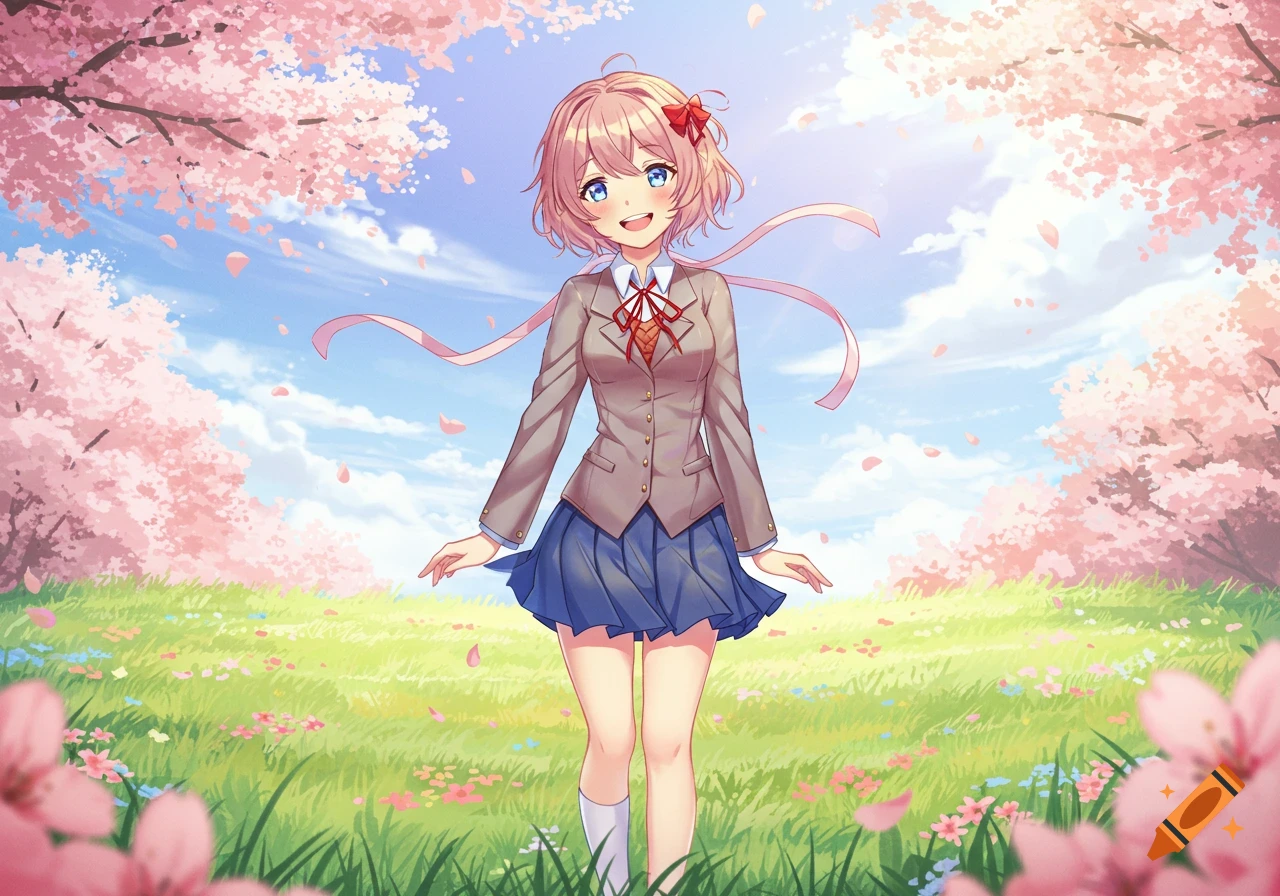 A cheerful anime girl, Sayori, smiles brightly while standing in a vibrant flower field beneath blooming pink cherry blossom trees.