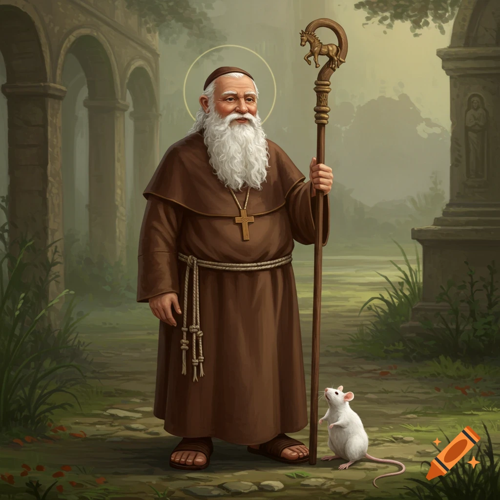 A bearded old monk with a halo holds a staff, looking at a small white mouse in a misty, ruined forest.