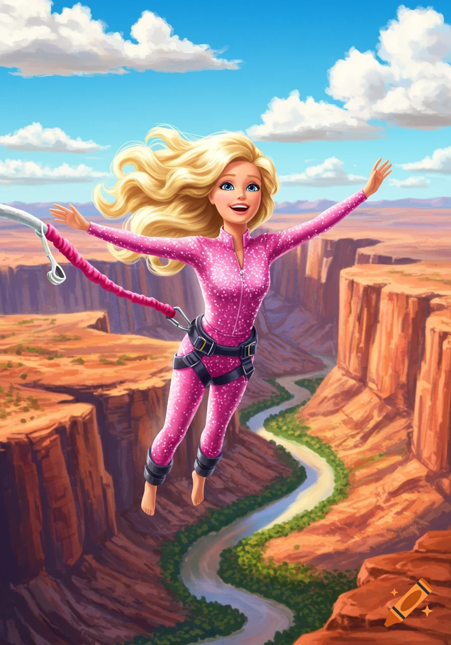 Barbie, in a pink jumpsuit and harness, bungee jumping over a grand canyon with a winding river below, under a blue sky.