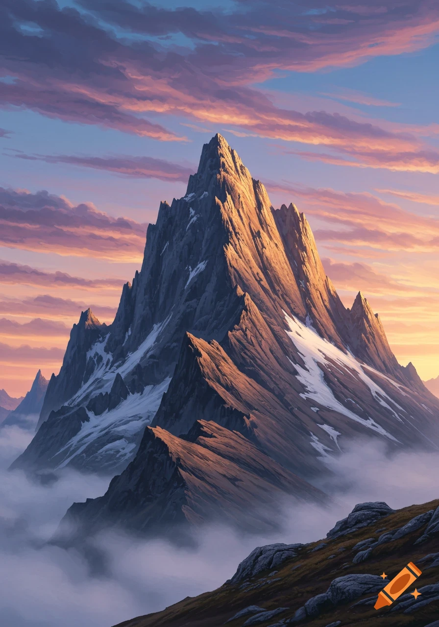 A majestic, rugged mountain peak partially covered in snow, illuminated by the golden light of a sunrise or sunset, rising above a layer of misty clouds.