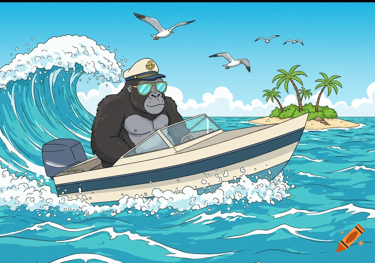 A cartoon gorilla wearing sunglasses and a captain's hat drives a motorboat on choppy blue waters towards a tropical island.