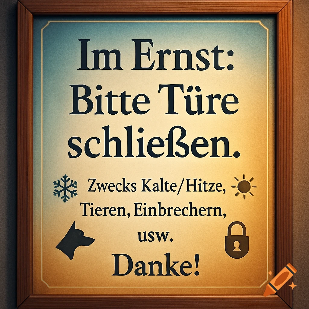 A framed sign with German text and icons for cold, heat, animals, and intruders.
