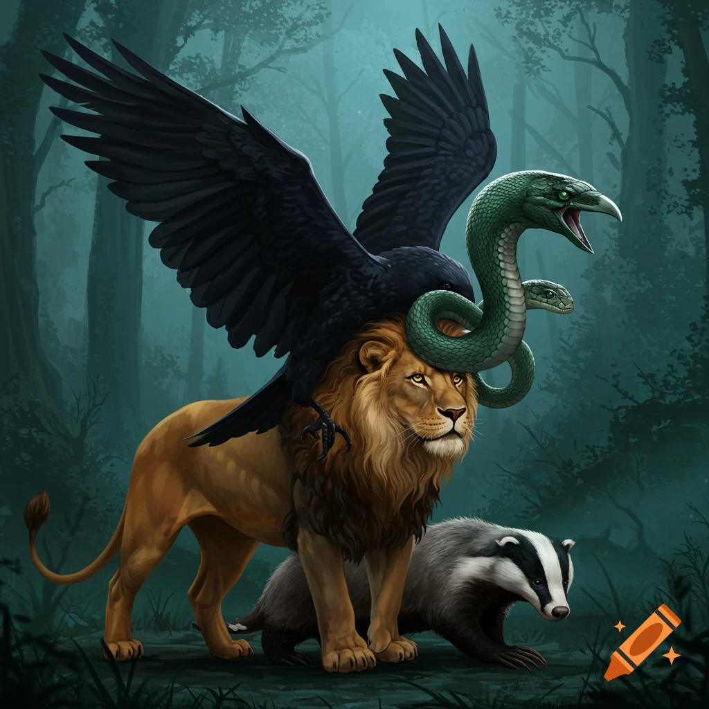 A mythical creature with a lion's body, raven wings, a two-headed snake, and a badger, standing in a dark forest.