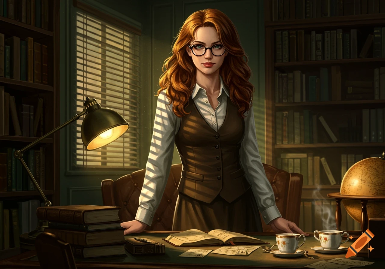 A red-haired woman in glasses and a vest stands at a desk with books and teacups in a lamp-lit library, digital art style.