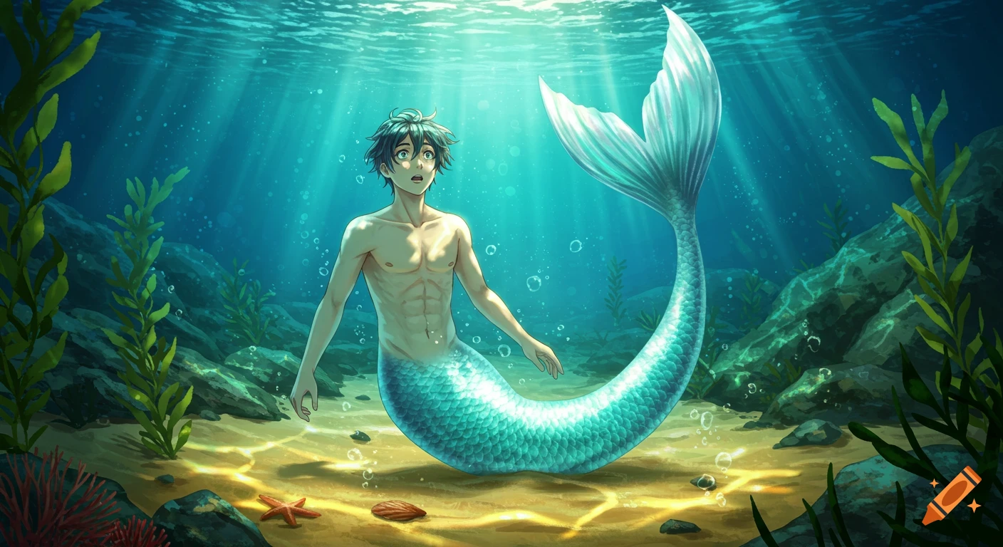 An anime merman with a turquoise tail looks surprised in a sunlit, sandy underwater environment with seaweed and rocks.