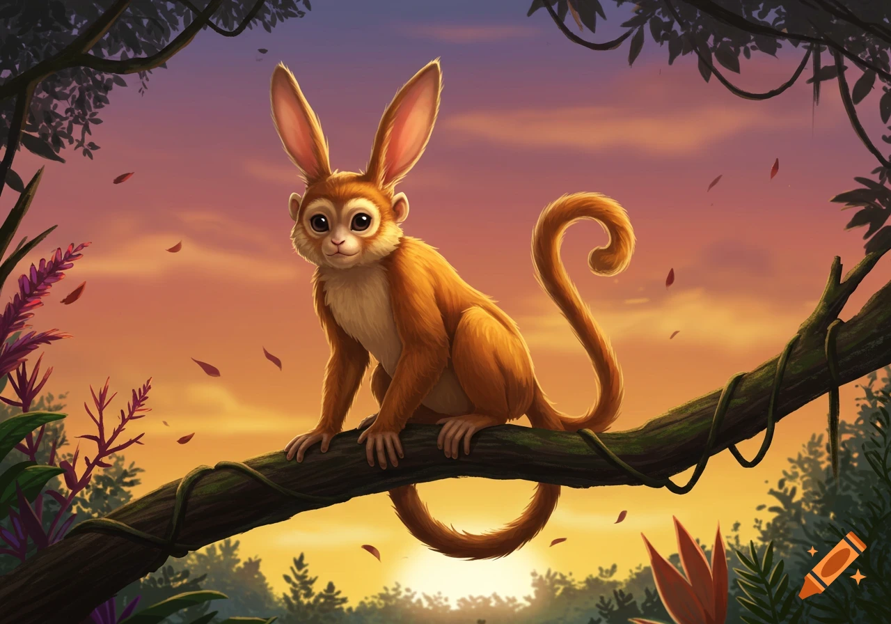 A cute, furry, rabbit-eared monkey sits on a thick tree branch in a vibrant jungle at sunset, cartoon illustration.