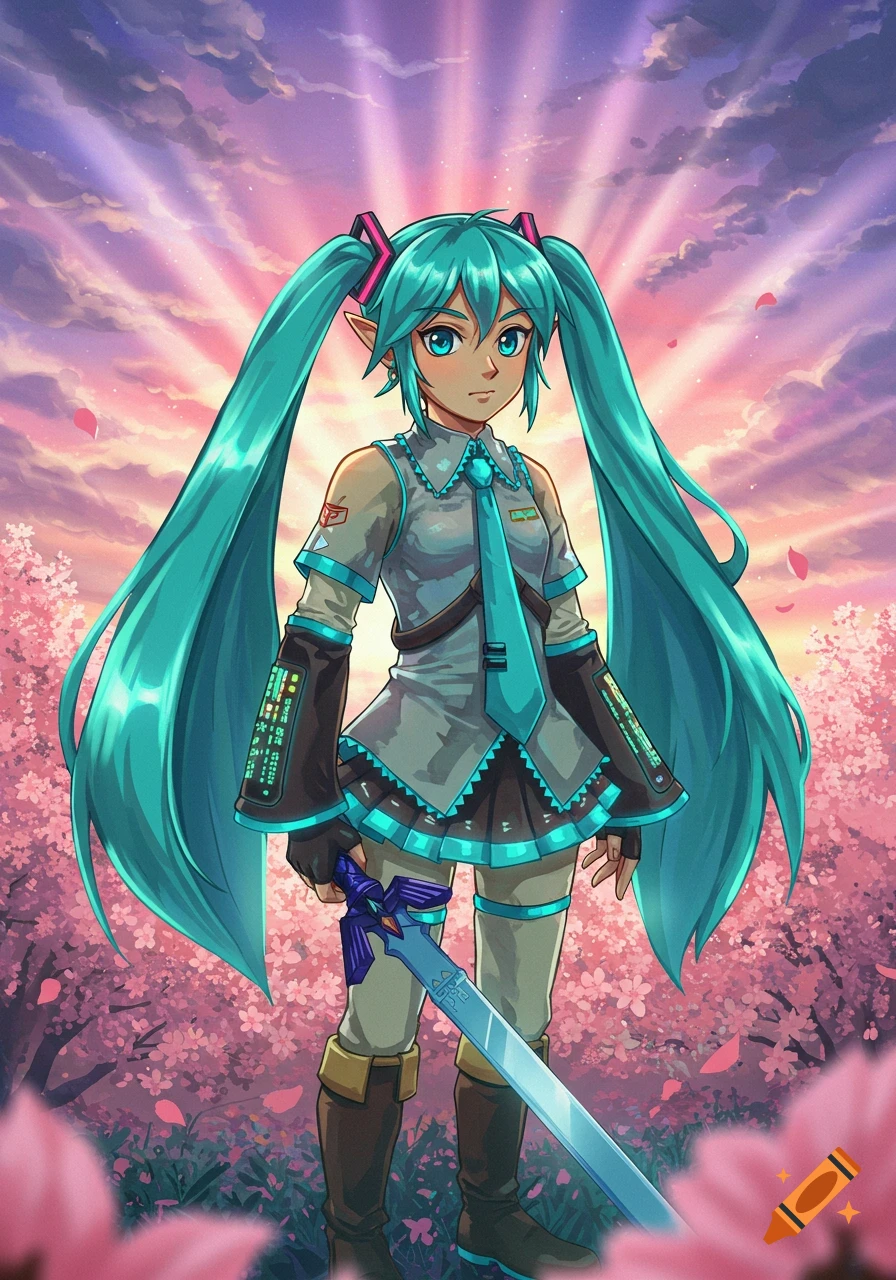 An anime-style character, Link dressed as Hatsune Miku, stands holding a blue sword amidst a field of pink cherry blossoms under a radiant sunset sky.