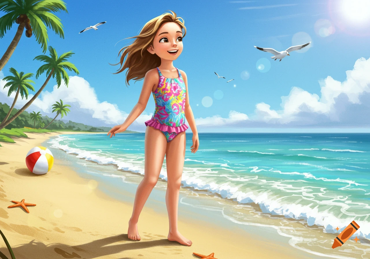 Cartoon illustration of a smiling tween girl in a swimsuit standing on a tropical beach with palm trees and ocean.