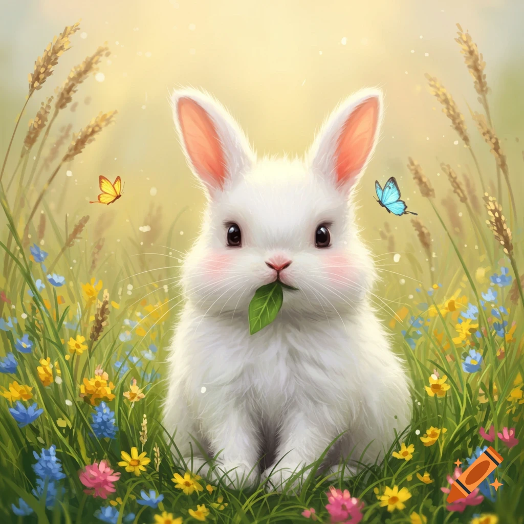 A fluffy white bunny with pink cheeks holds a leaf in its mouth, sitting among colorful wildflowers and grasses with butterflies.