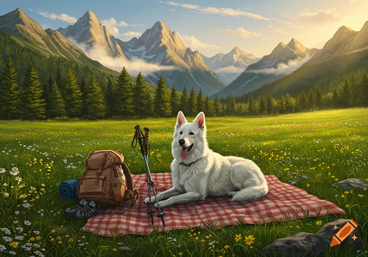 A white dog lies on a picnic blanket in a mountain meadow with a backpack and hiking poles, majestic peaks in the background.