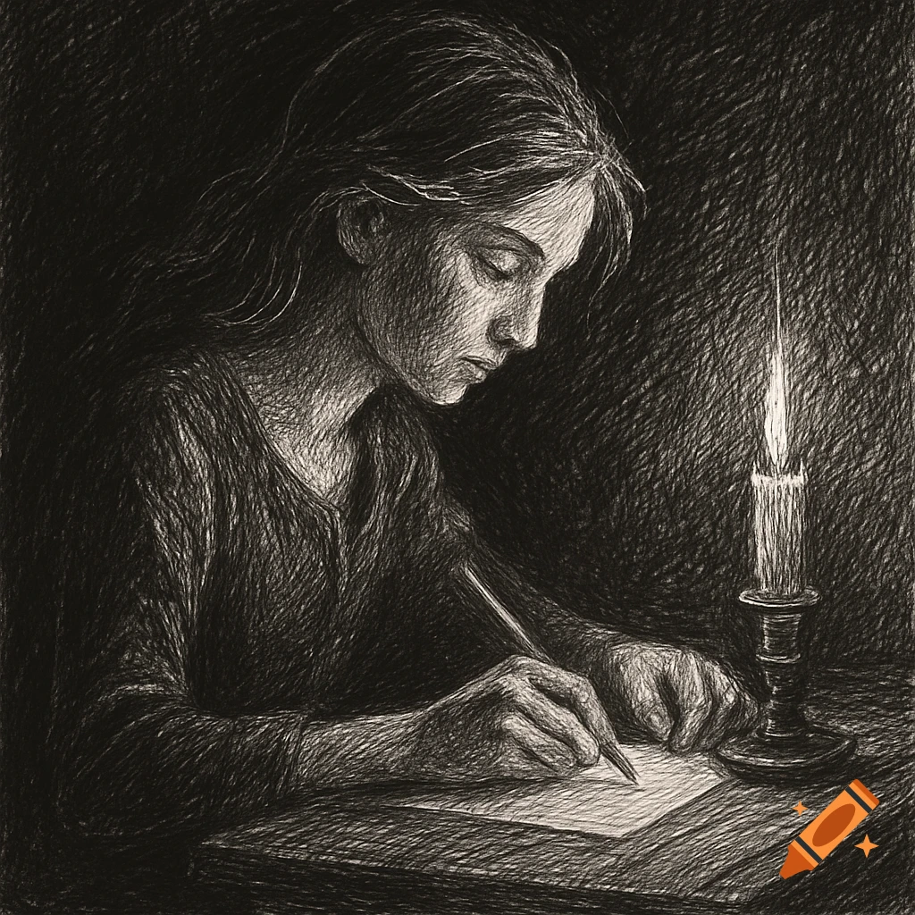 A dark, monochrome pencil drawing of a young woman intently writing on paper by the light of a single candle.
