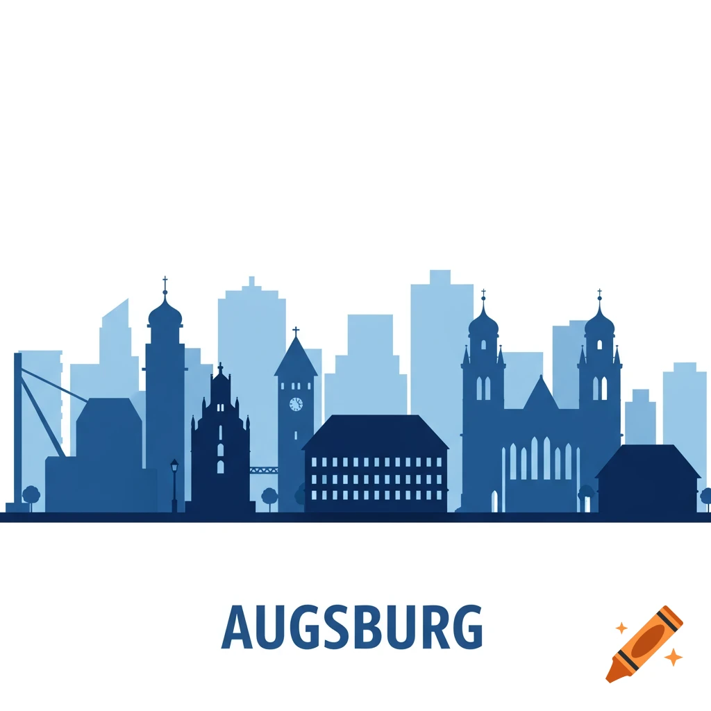 Stylized blue silhouette of Augsburg city skyline with "AUGSBURG" text on a white background.