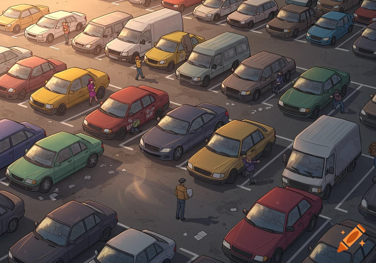 An overhead illustration of a busy parking lot filled with various cars and people walking around or interacting with their vehicles.