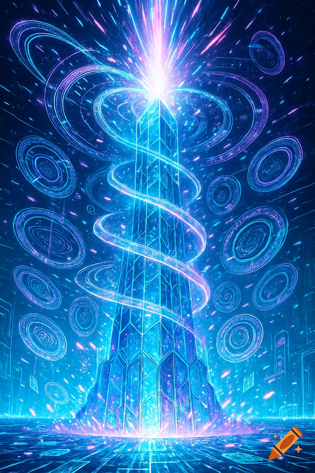 A glowing blue and purple crystalline data spire in a vibrant cyberspace metropolis, with swirling light streams and rotating data rings.