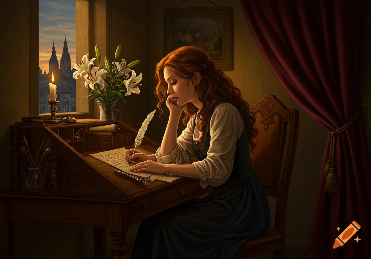 A red-haired woman in period clothing writes with a quill at a desk, lit by a candle, with lilies and a city view outside the window.