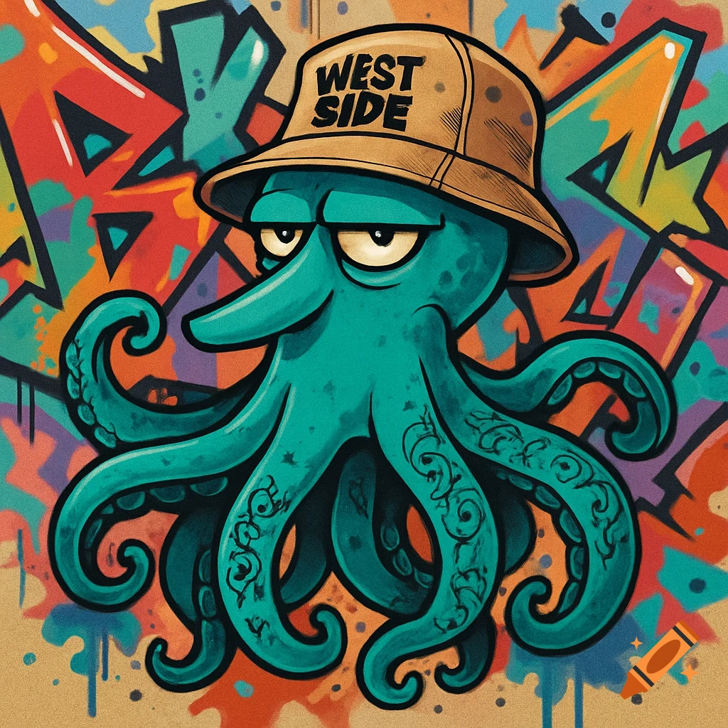 Caricature of a cool blue-green octopus in a 'WEST SIDE' bucket hat and tattoos, against an urban graffiti background.